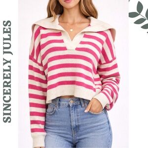Sincerely Jules Pink & Cream Striped Cropped Sweater | XXL